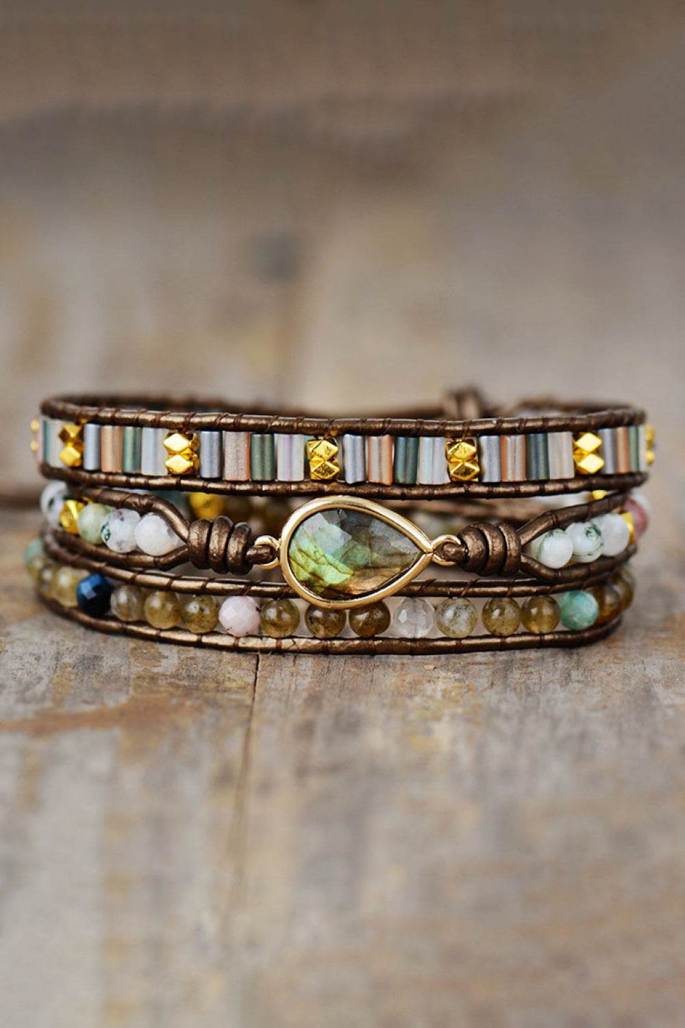 Handmade Triple Layer Beaded Bracelet - Mocha Labradorite Modern Luxury - Patelcreations