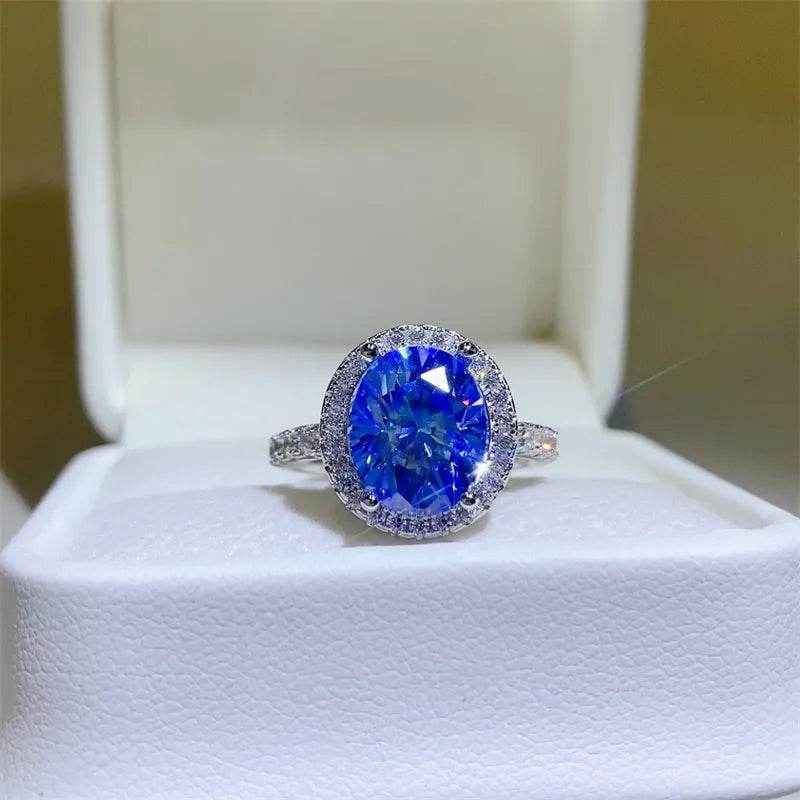 5 Carat Blue Moissanite Ring - Sterling Silver Oval Halo Design - Patelcreations