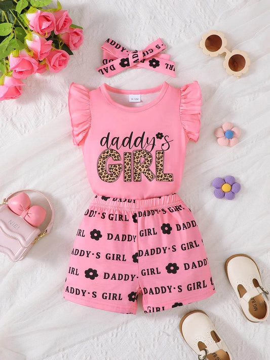 Daddy's Girl Three-Piece Set - Pink Ruffled Top, Shorts & Headband - Patelcreations