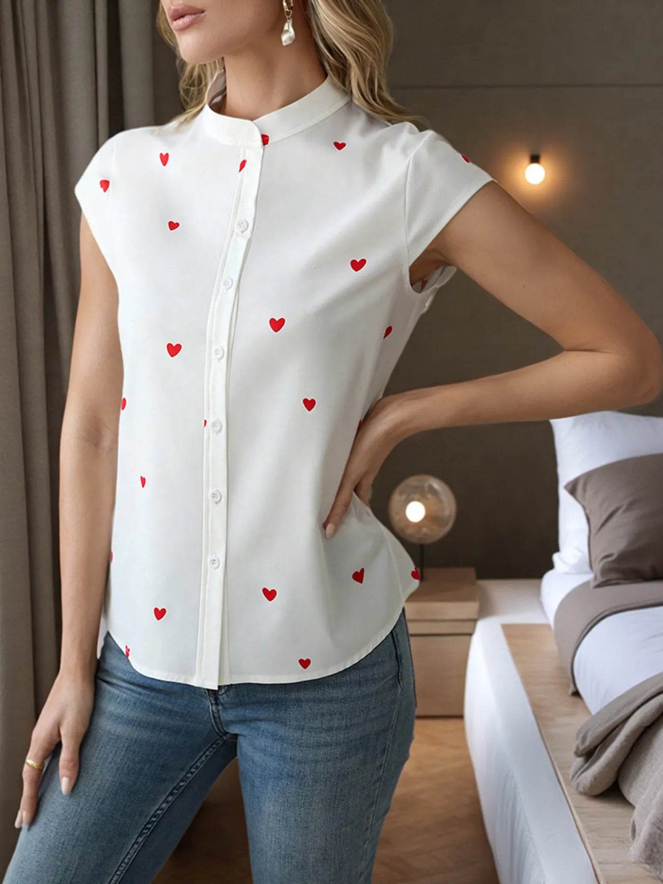 ❤️✨ Heart Print Cap Sleeve Button-Up Shirt 👕💕 - Patelcreations