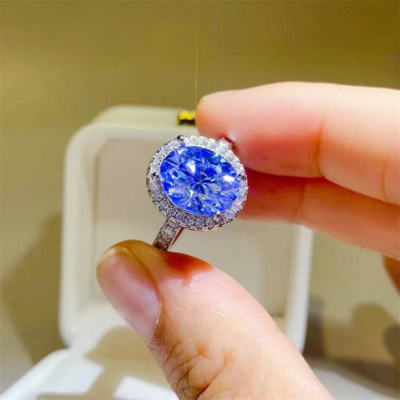 5 Carat Blue Moissanite Ring - Sterling Silver Oval Halo Design - Patelcreations