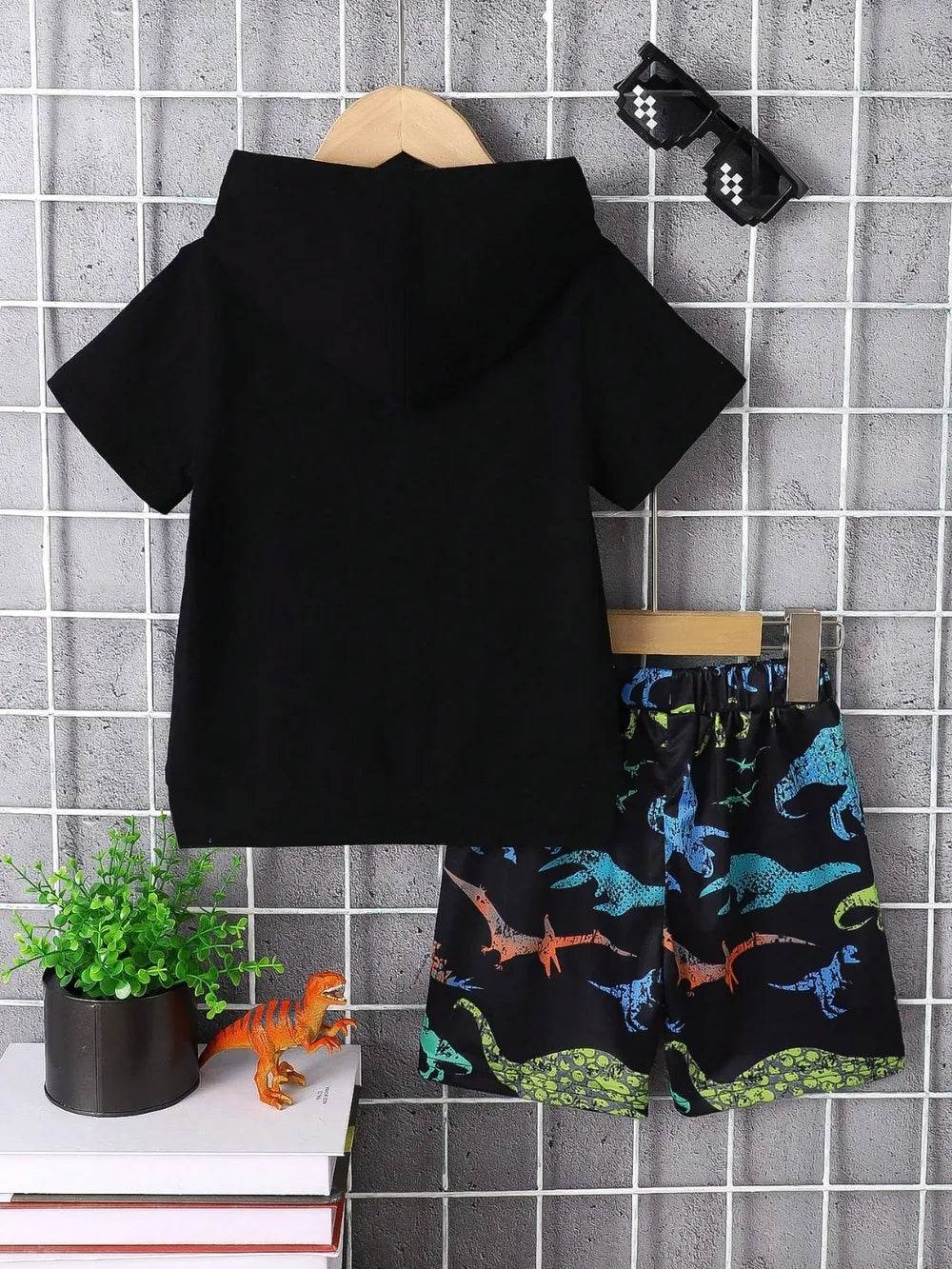 Children's Dinosaur Short Sleeve Hooded Top and Pants Set - Black - Patelcreations