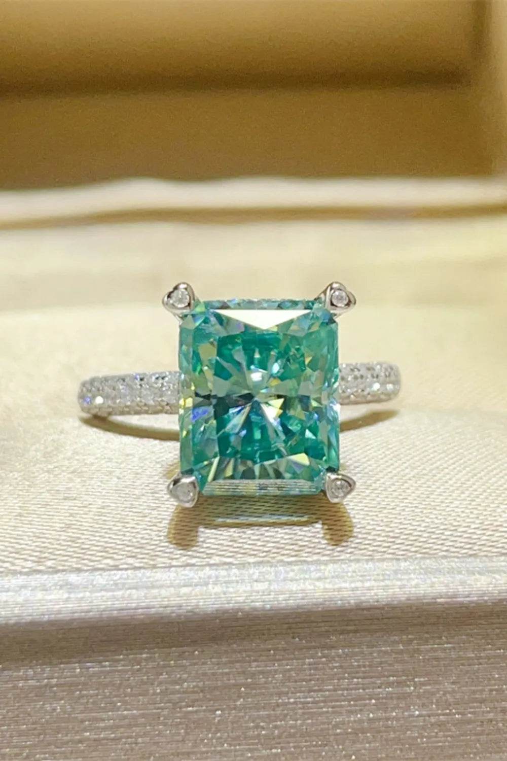 5 Carat Teal Blue Moissanite Ring - Platinum Plated Radiant Cut with Accents - Patelcreations