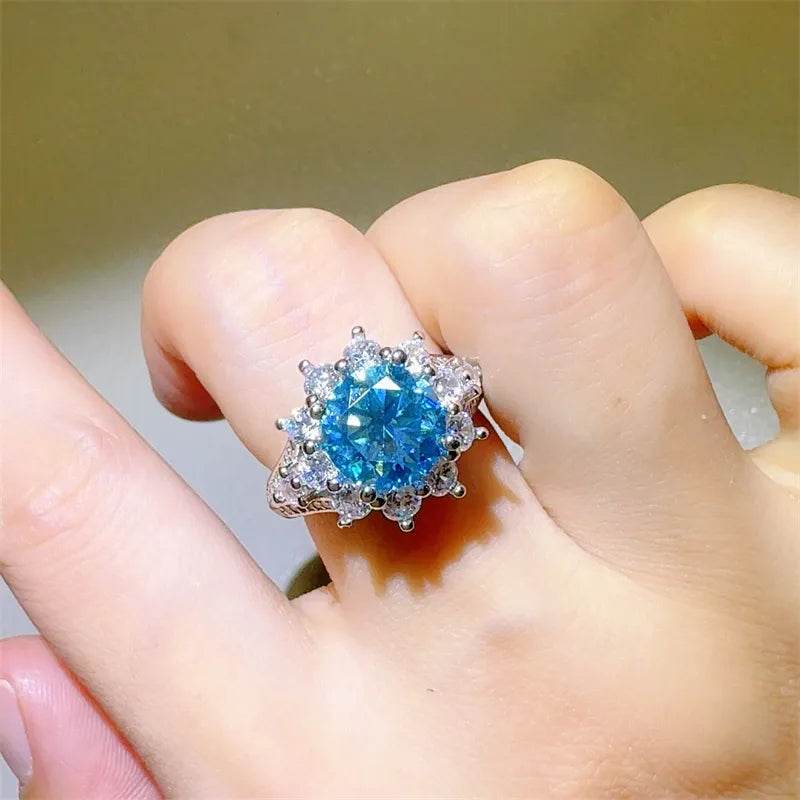3 Carat Blue Moissanite Ring - Sterling Silver Oval Halo Design - Patelcreations