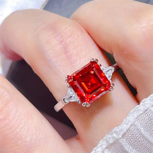 3 Carat Red Moissanite 925 Sterling Silver Ring - Emerald Cut Three-Stone Design - Patelcreations