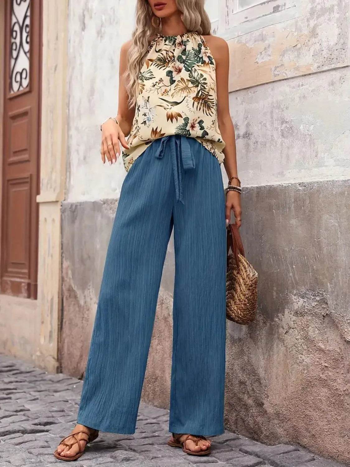 🌿 Meadow Glow Printed Tank Top and Wide Leg Pants Set - Patelcreations