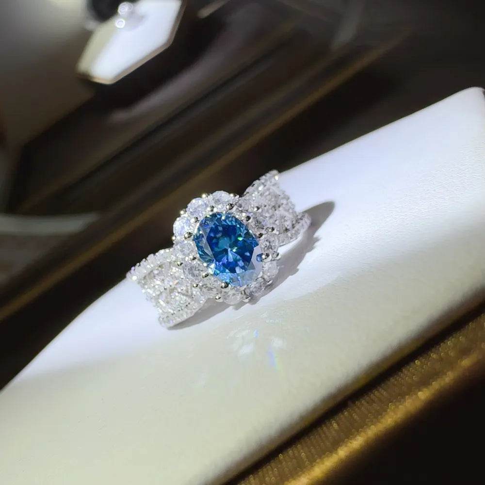 1 Carat Blue Moissanite Ring - Sterling Silver Vintage Cluster Design - Patelcreations