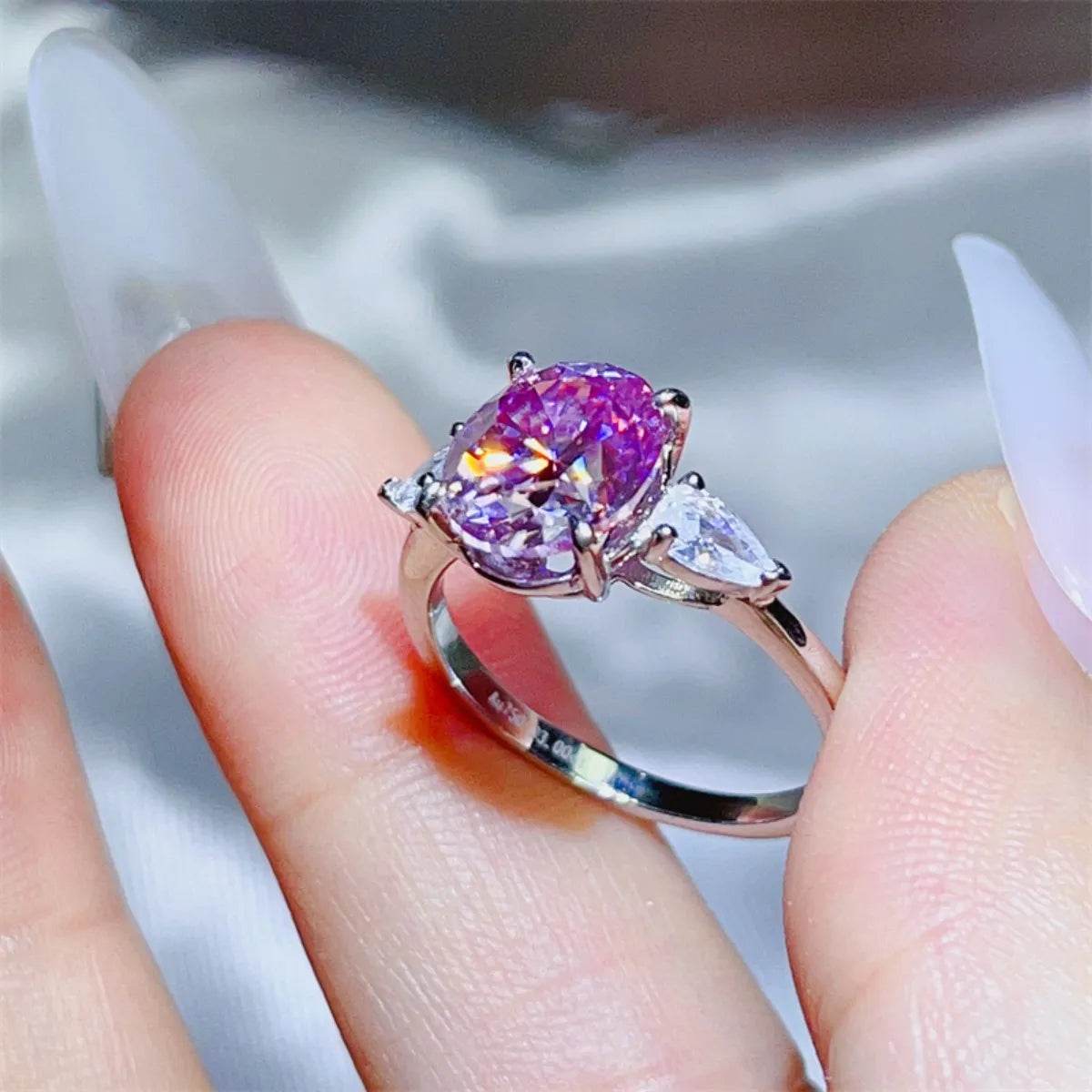 3 Carat Purple Moissanite 925 Sterling Silver Ring - Oval Cut Three-Stone Design - Patelcreations