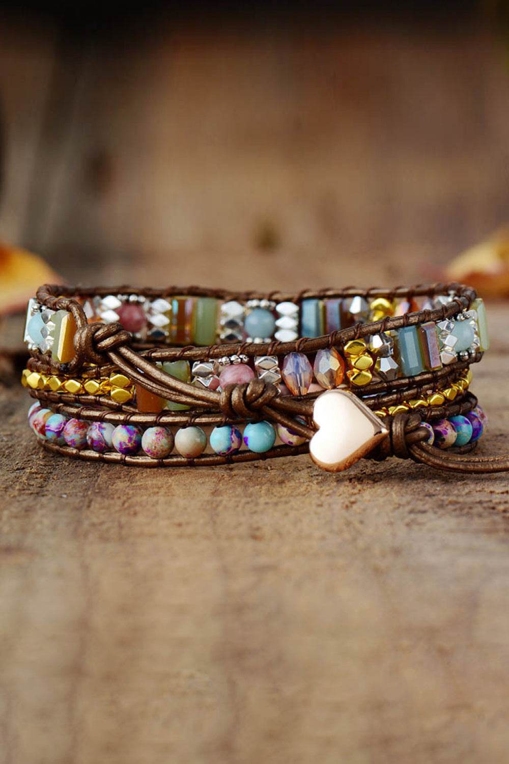 Handmade Crystal Beaded Natural Stone Bracelet - Pink Rhodonite Rainbow Bohemian - Patelcreations