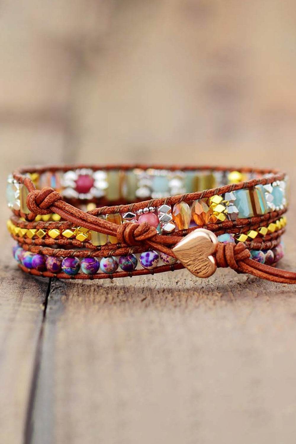 Handmade Crystal Beaded Natural Stone Bracelet - Pink Rhodonite Rainbow Bohemian - Patelcreations