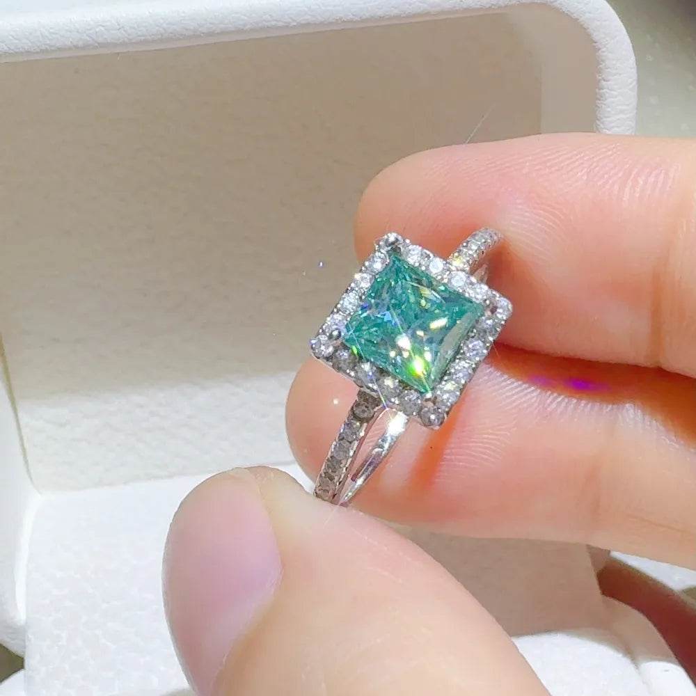 2 Carat Teal Green Moissanite Ring - Sterling Silver Princess Cut Halo - Patelcreations