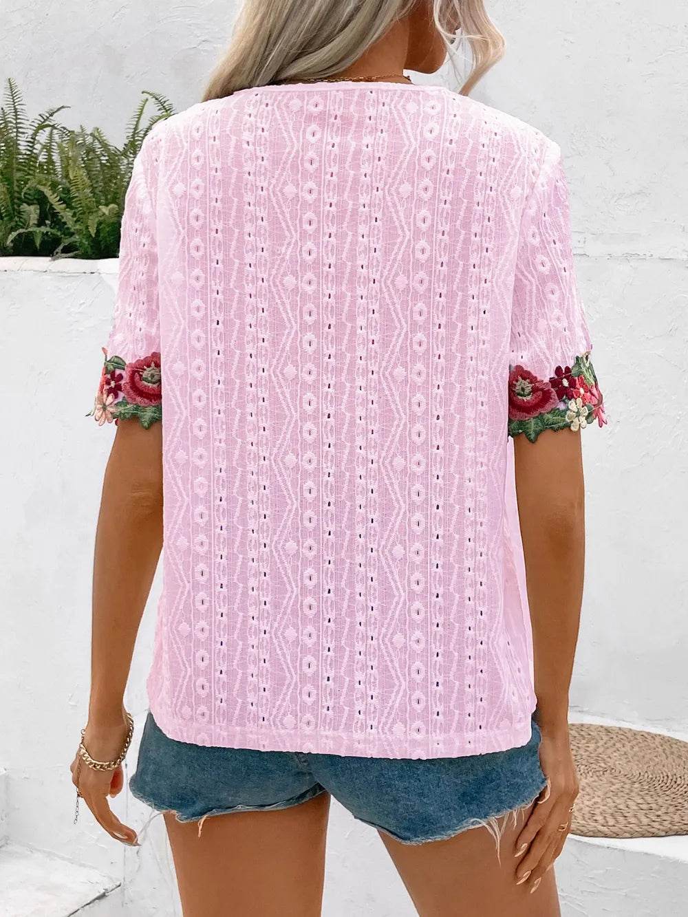 🌸✨ Ivy Lane Eyelet Embroidered V-Neck Short Sleeve Blouse 🌼💕 - Patelcreations