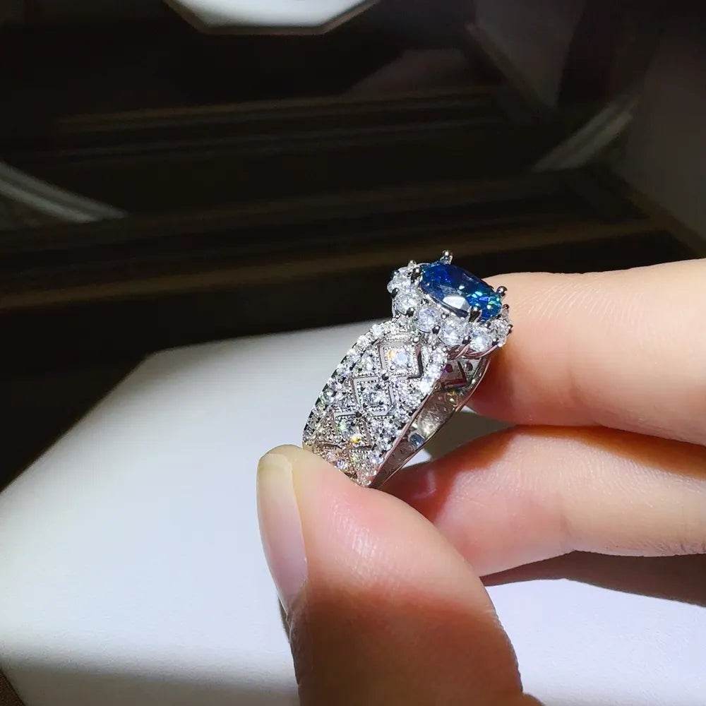 1 Carat Blue Moissanite Ring - Sterling Silver Vintage Cluster Design - Patelcreations