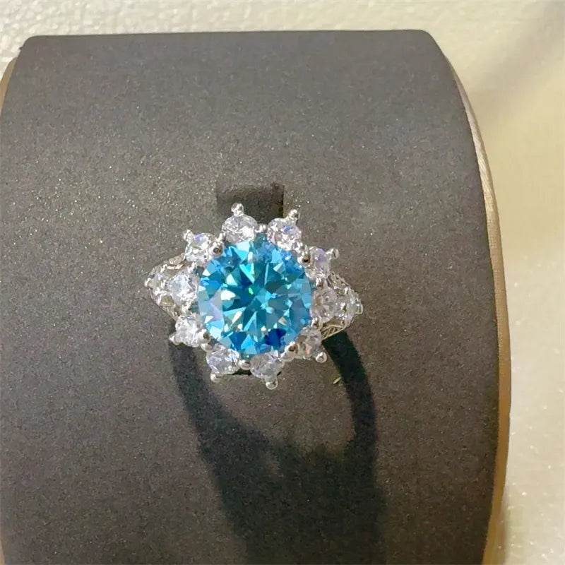 3 Carat Blue Moissanite Ring - Sterling Silver Oval Halo Design - Patelcreations