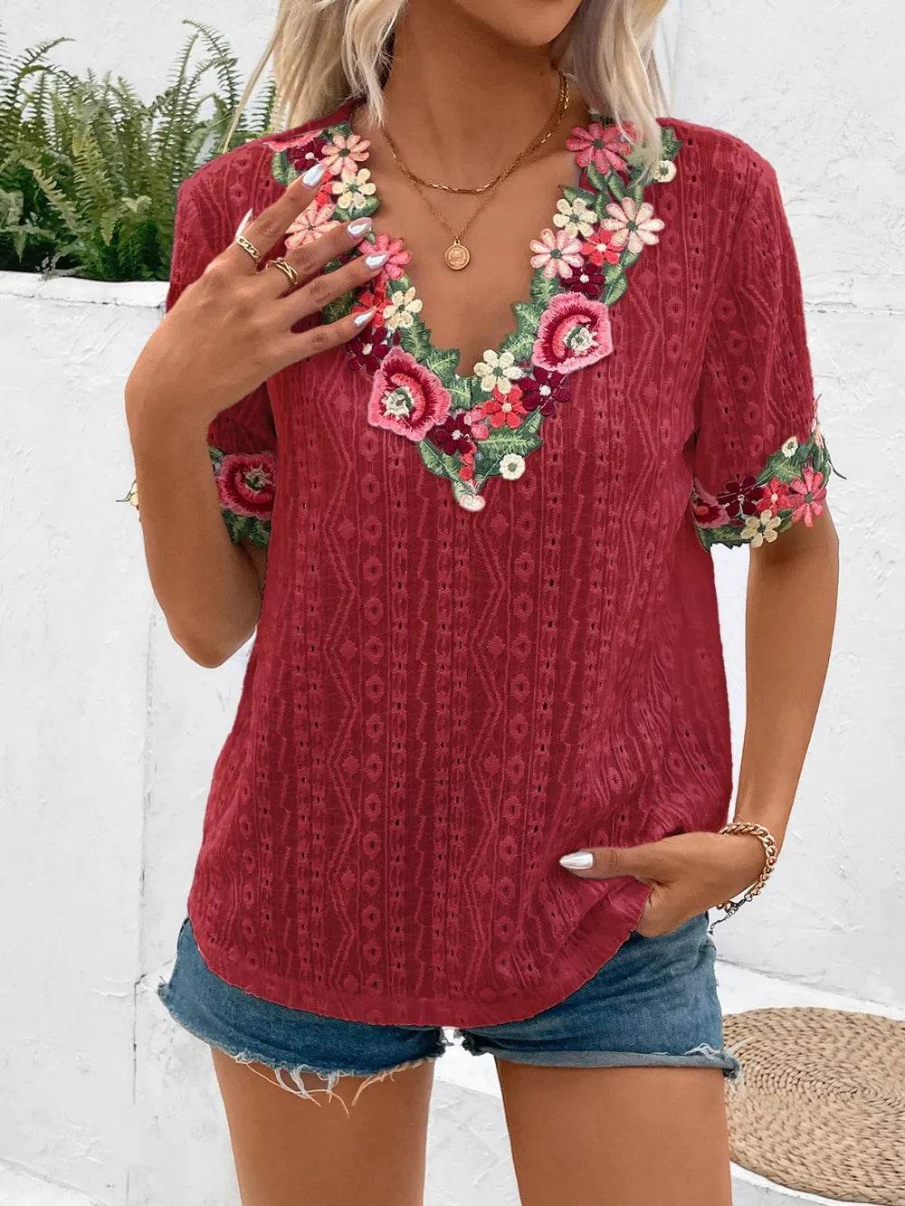 🌸✨ Ivy Lane Eyelet Embroidered V-Neck Short Sleeve Blouse 🌼💕 - Patelcreations