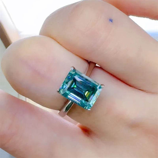 2 Carat Teal Blue Moissanite Ring - Sterling Silver Emerald Cut Solitaire - Patelcreations