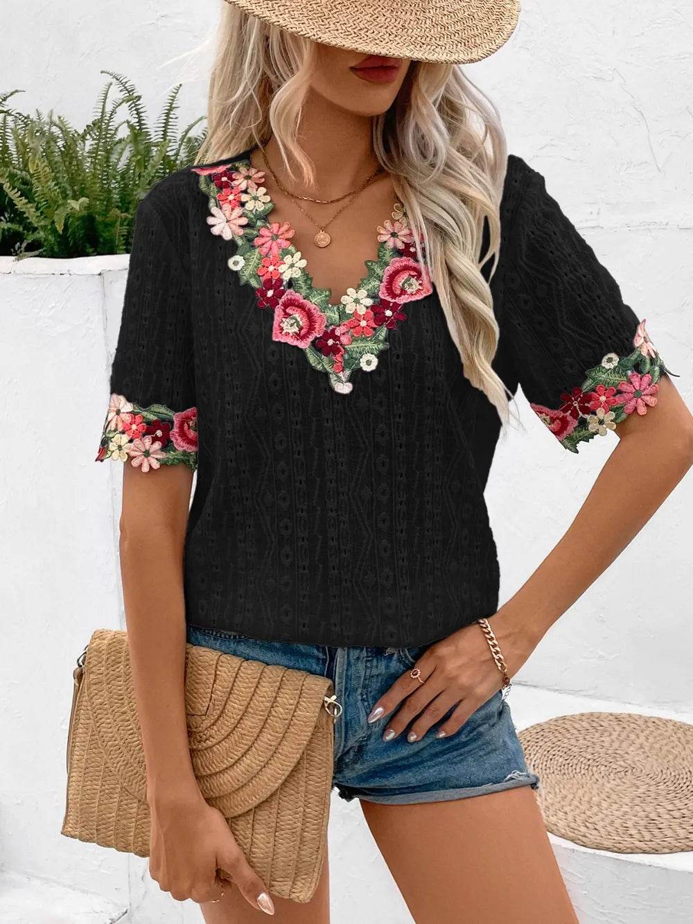 🌸✨ Ivy Lane Eyelet Embroidered V-Neck Short Sleeve Blouse 🌼💕 - Patelcreations