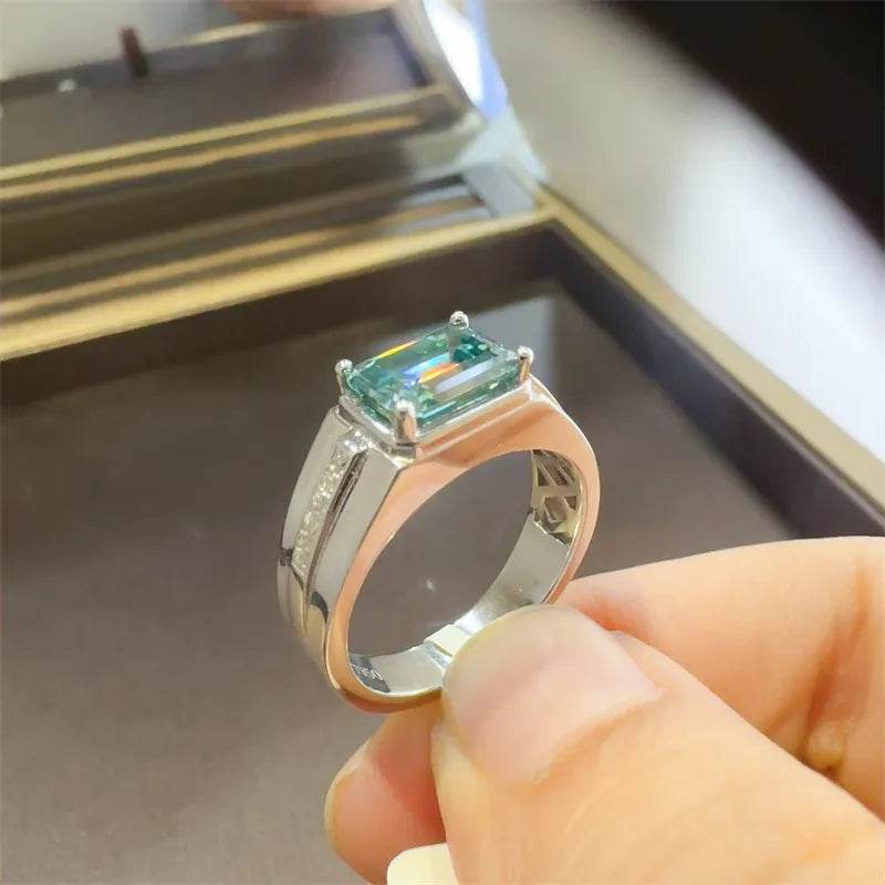 3 Carat Teal Blue Moissanite Ring - Sterling Silver Emerald Cut with Accents - Patelcreations