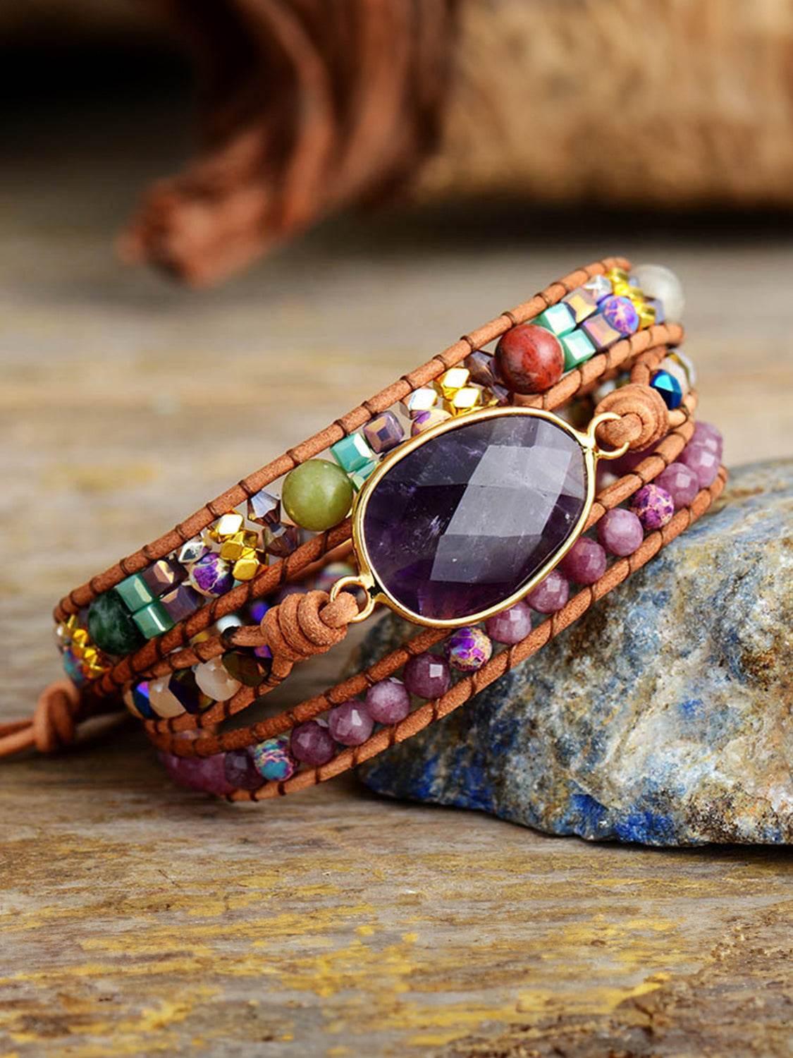 Triple-Layer Amethyst Bracelet - Exotic Natural Stone Luxury Wrap Jewelry - Patelcreations