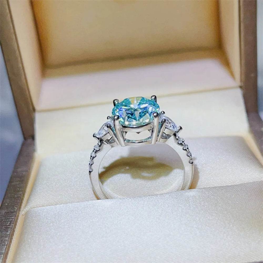 5 Carat Turquoise Moissanite Ring - Platinum Plated Three Stone Design - Patelcreations