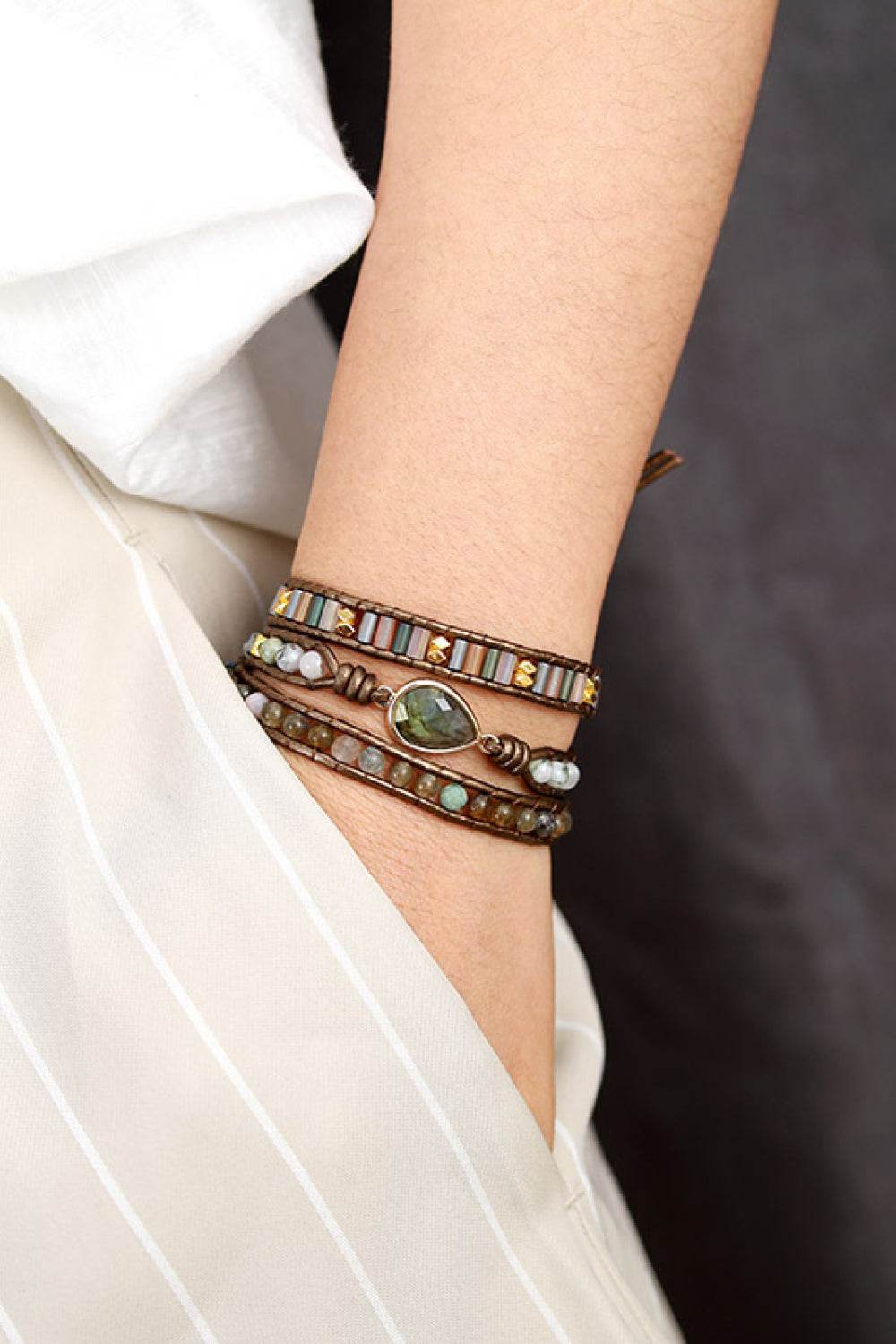 Handmade Triple Layer Beaded Bracelet - Mocha Labradorite Modern Luxury - Patelcreations