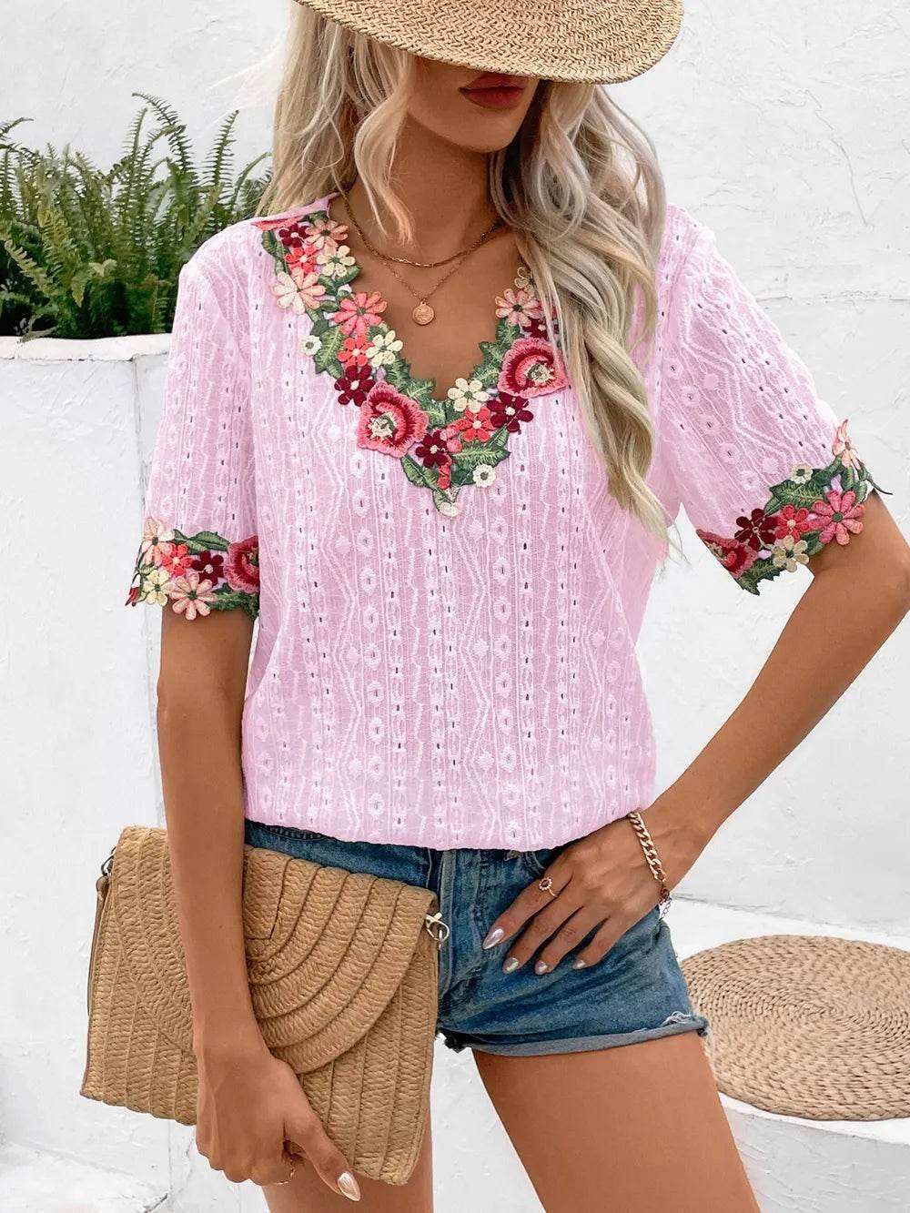 🌸✨ Ivy Lane Eyelet Embroidered V-Neck Short Sleeve Blouse 🌼💕 - Patelcreations