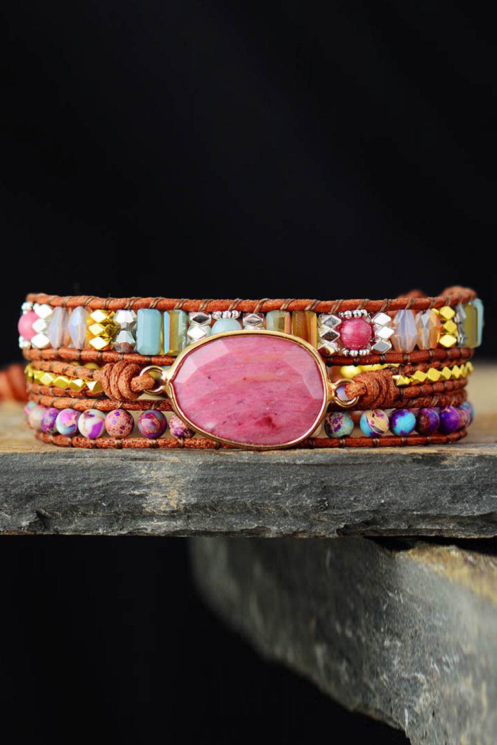 Handmade Crystal Beaded Natural Stone Bracelet - Pink Rhodonite Rainbow Bohemian - Patelcreations