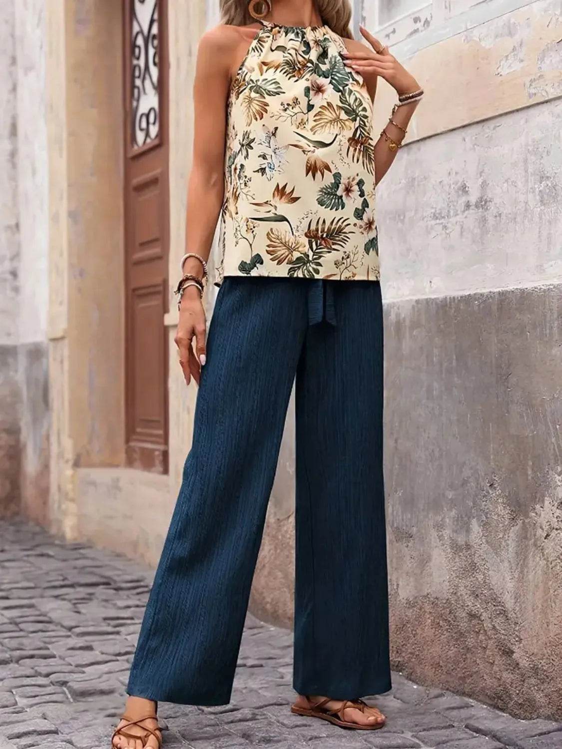 🌿 Meadow Glow Printed Tank Top and Wide Leg Pants Set - Patelcreations