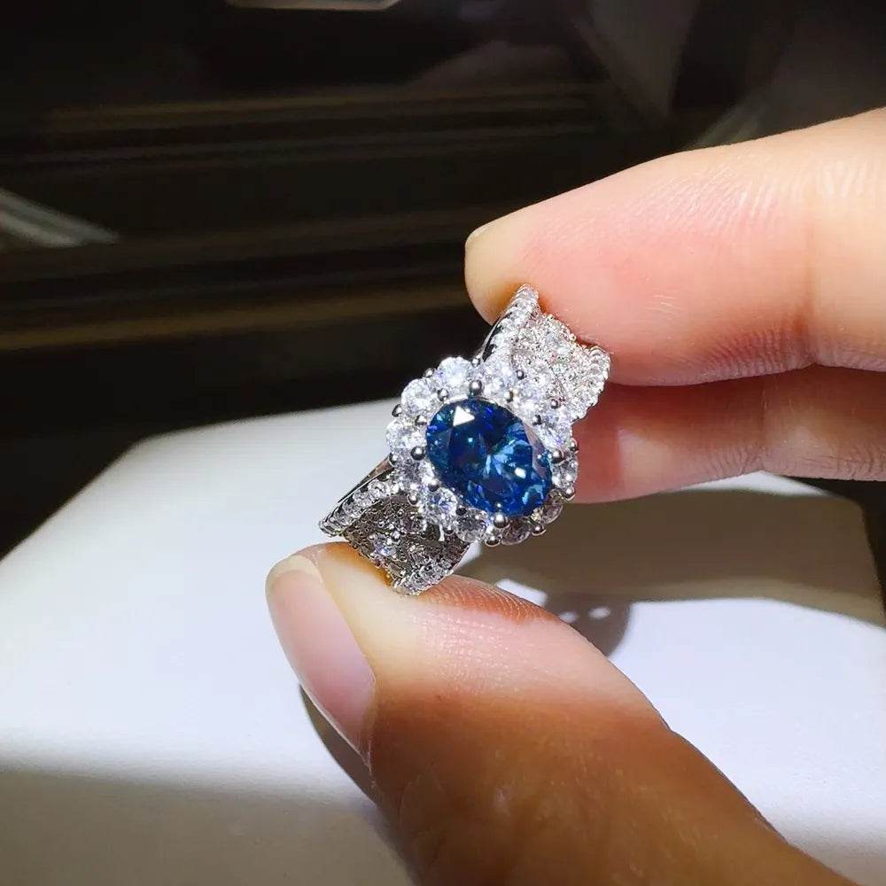 1 Carat Blue Moissanite Ring - Sterling Silver Vintage Cluster Design - Patelcreations