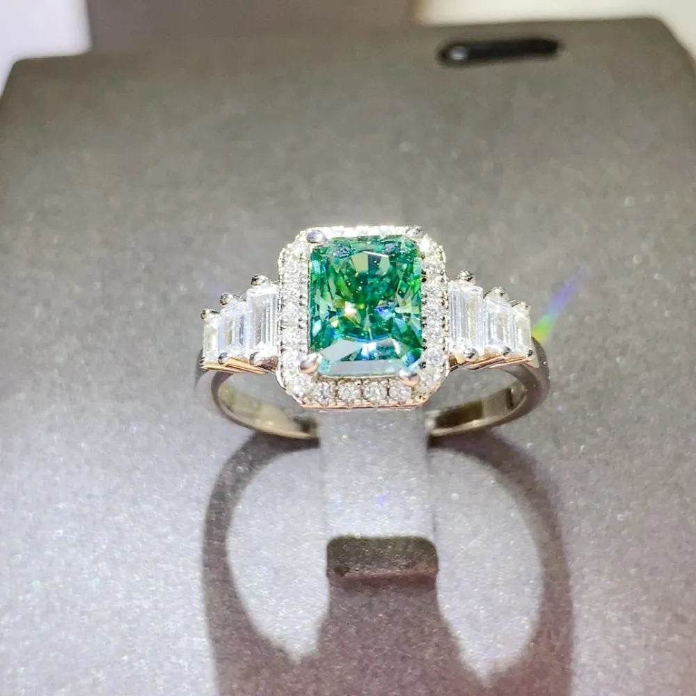 2 Carat Teal Blue Moissanite Ring - Sterling Silver Emerald Cut Halo - Patelcreations