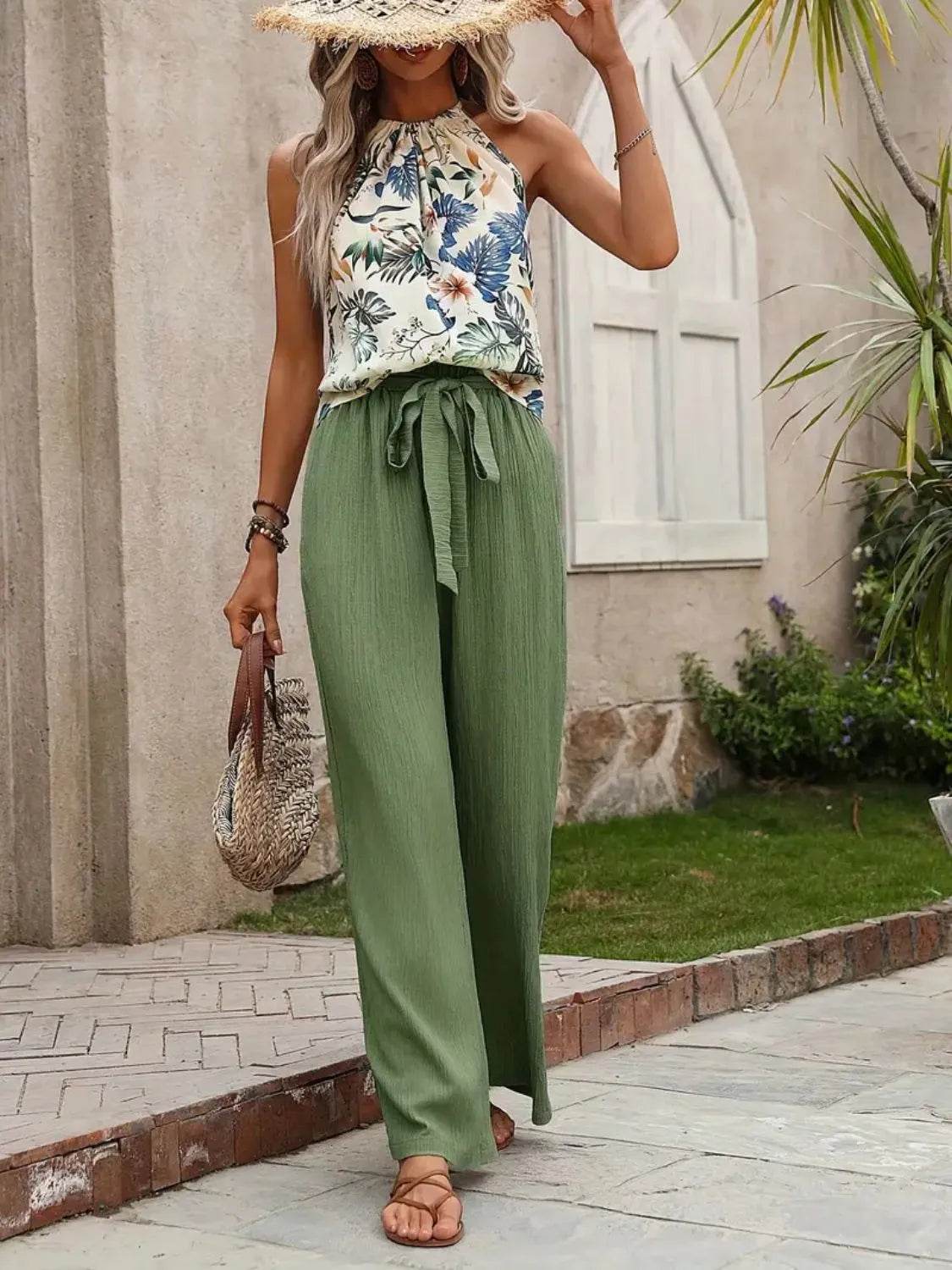🌿 Meadow Glow Printed Tank Top and Wide Leg Pants Set - Patelcreations