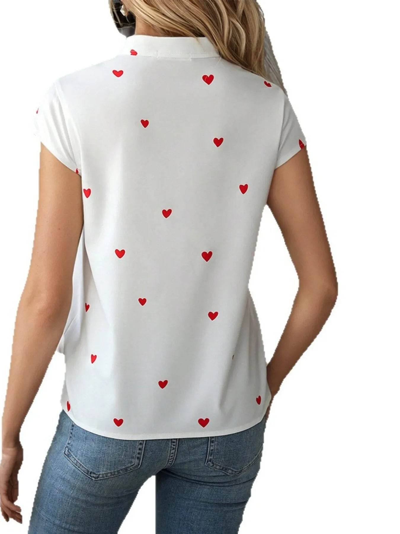 ❤️✨ Heart Print Cap Sleeve Button-Up Shirt 👕💕 - Patelcreations
