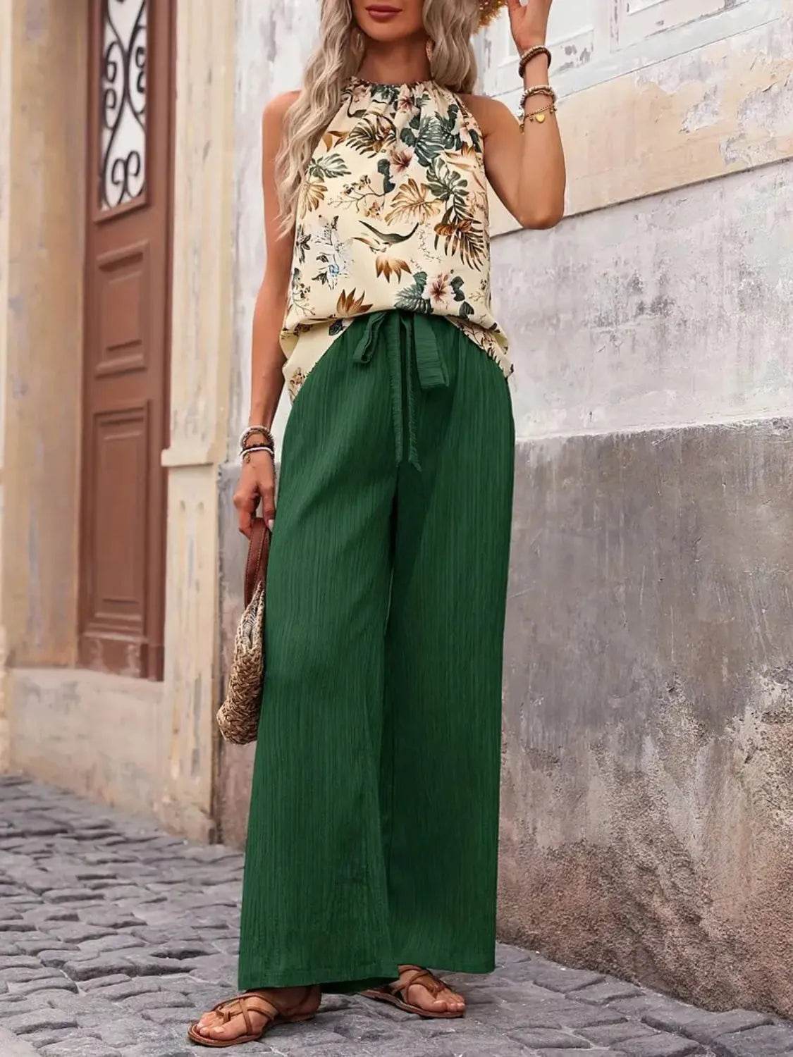 🌿 Meadow Glow Printed Tank Top and Wide Leg Pants Set - Patelcreations