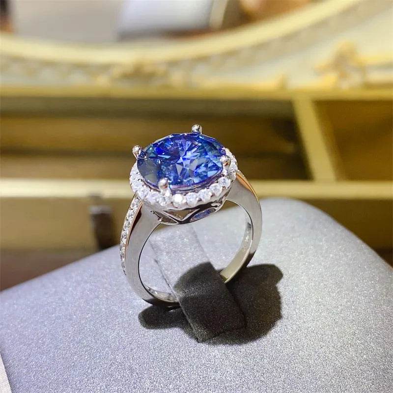 5 Carat Royal Blue Moissanite Ring - Sterling Silver Round Halo Design - Patelcreations