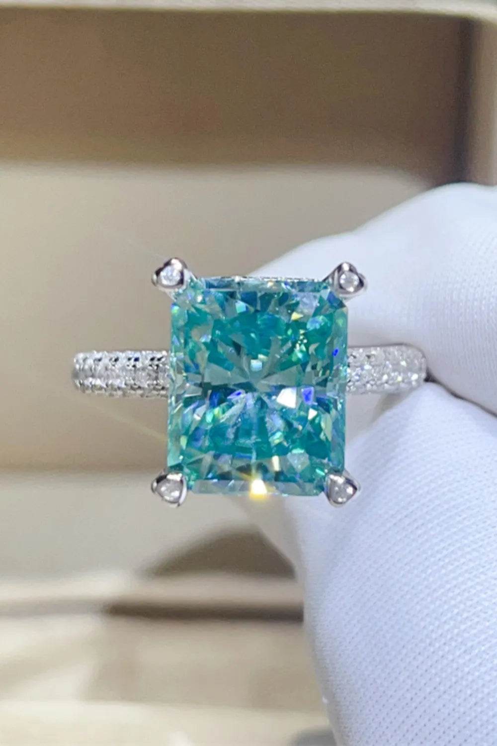 5 Carat Teal Blue Moissanite Ring - Platinum Plated Radiant Cut with Accents - Patelcreations