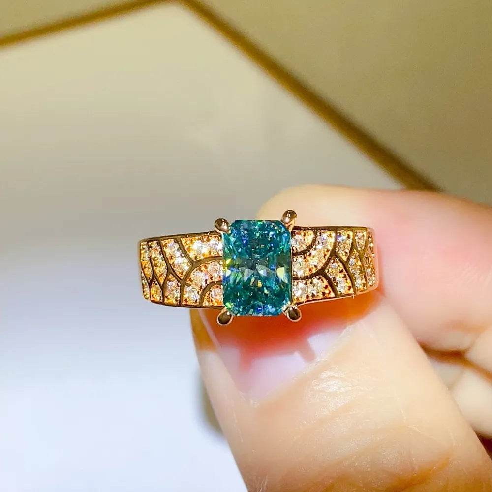 1 Carat Blue Moissanite Ring - Gold Plated Sterling Silver Emerald Cut - Patelcreations