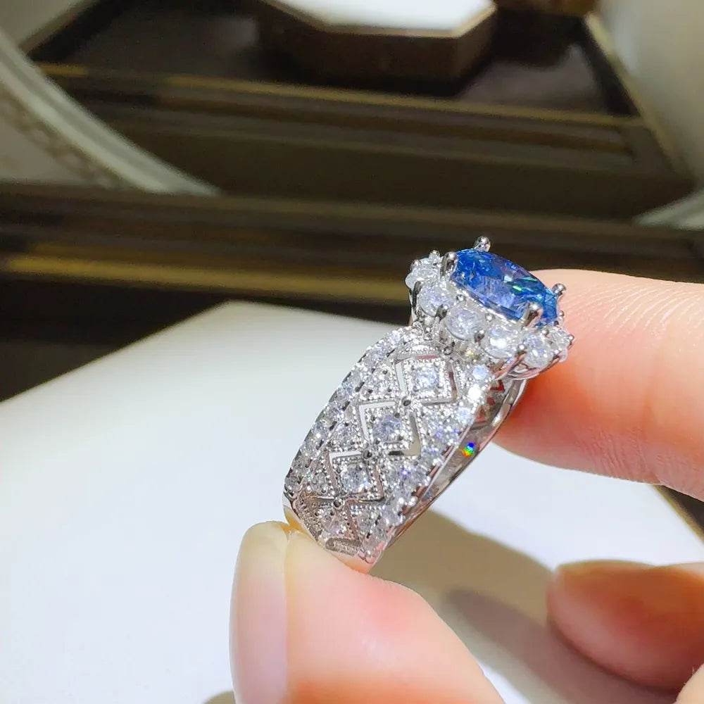 1 Carat Blue Moissanite Ring - Sterling Silver Vintage Cluster Design - Patelcreations