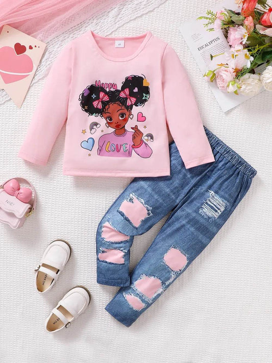 Girls Fringe Two-Piece Set - Pink Character Top & Distressed Denim outfit - Patelcreations
