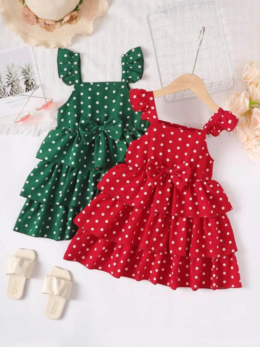 Bow Polka Dot Square Neck Layered Dress - Scarlet & Dark Green - Patelcreations