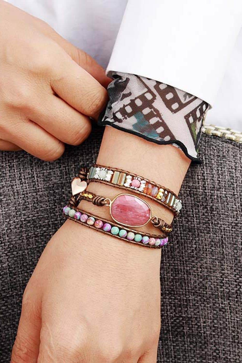 Handmade Crystal Beaded Natural Stone Bracelet - Pink Rhodonite Rainbow Bohemian - Patelcreations