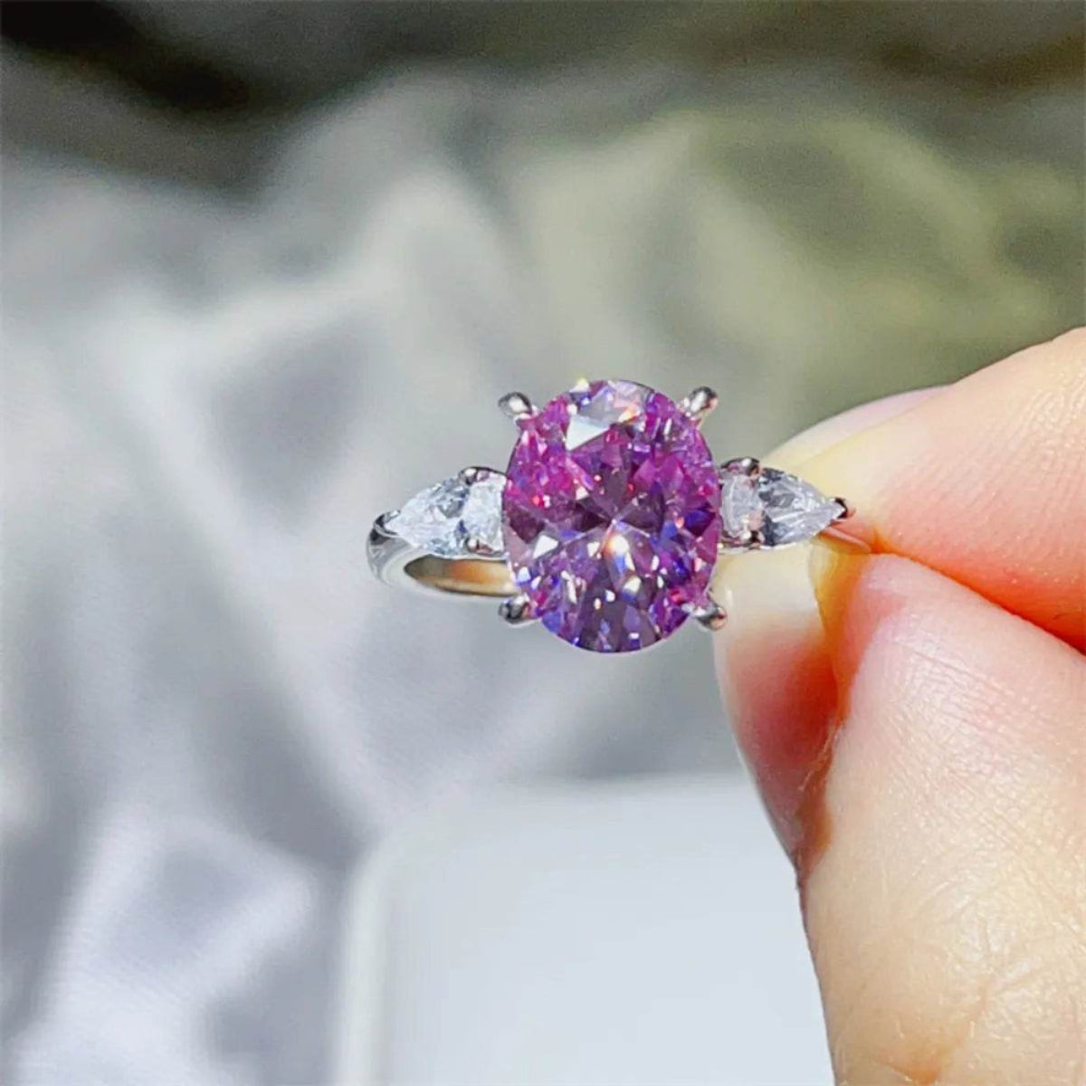3 Carat Purple Moissanite 925 Sterling Silver Ring - Oval Cut Three-Stone Design - Patelcreations