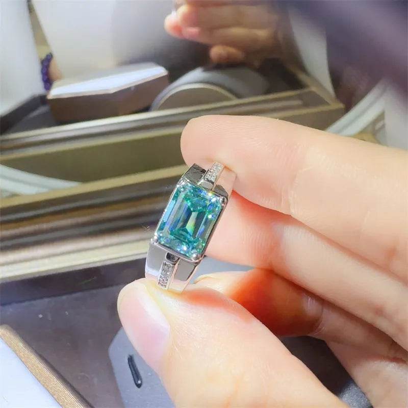 3 Carat Teal Blue Moissanite Ring - Sterling Silver Emerald Cut with Accents - Patelcreations