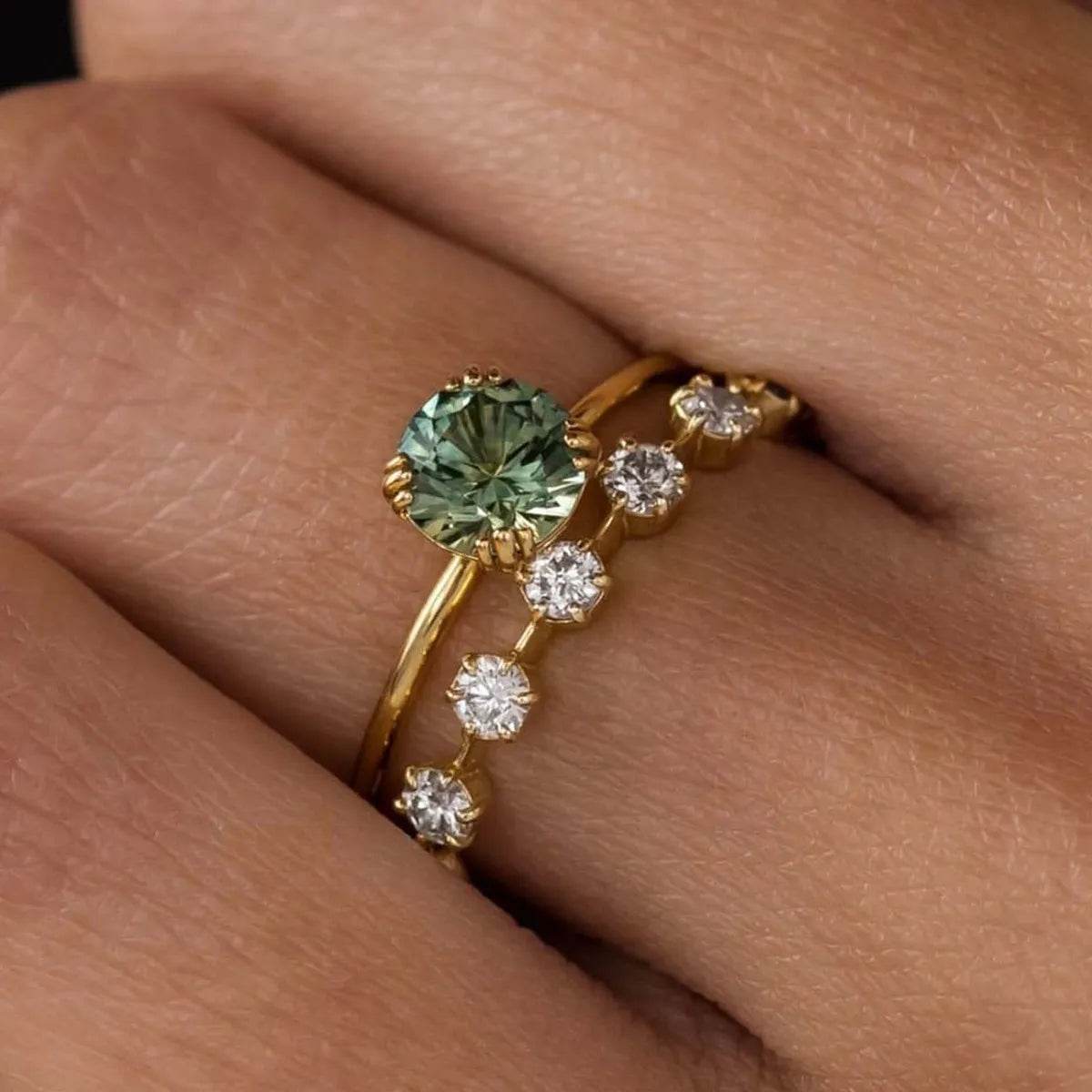 1 Carat Green Moissanite 925 Sterling Silver 2-Piece Ring Set - 18K Gold Plated - Patelcreations