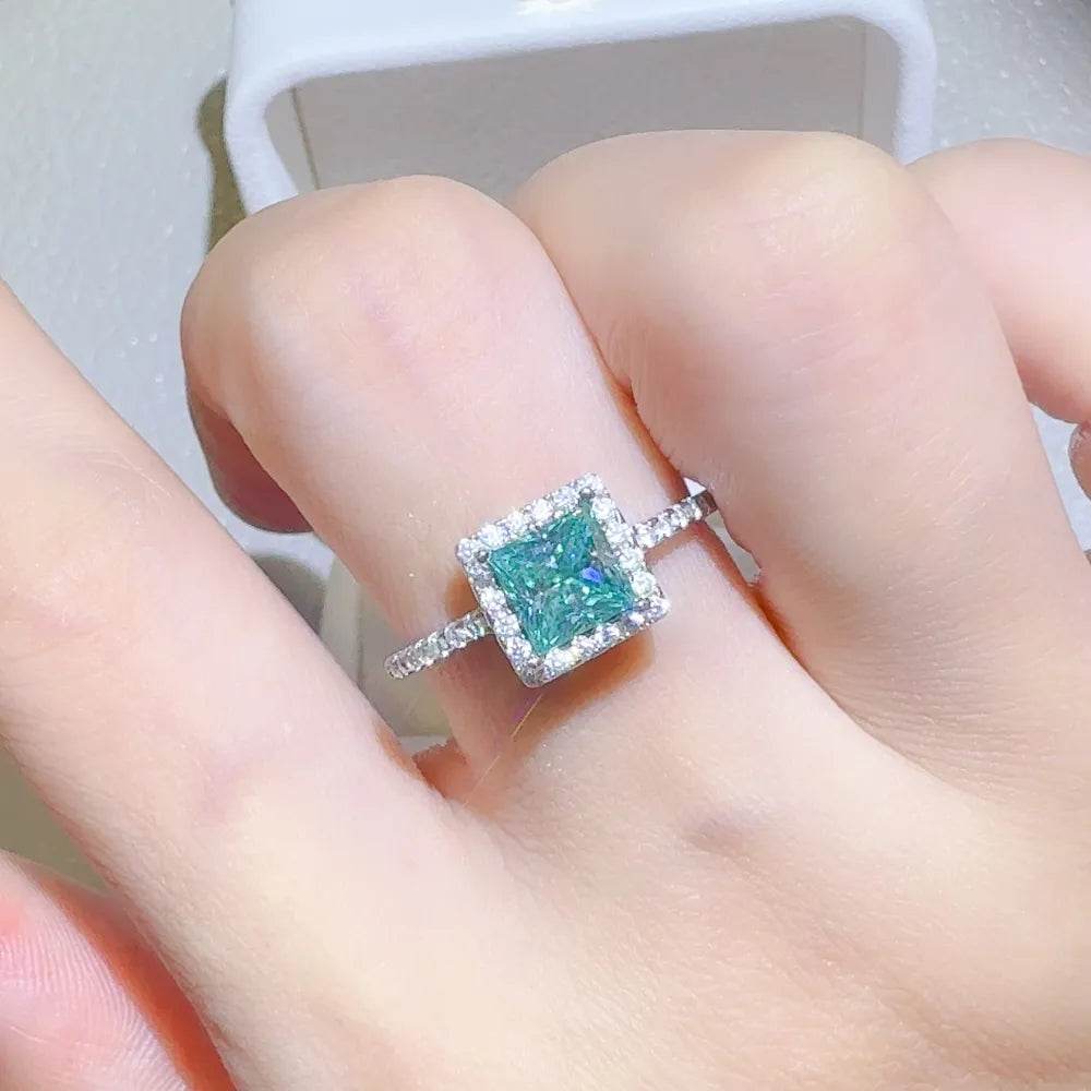 2 Carat Teal Green Moissanite Ring - Sterling Silver Princess Cut Halo - Patelcreations