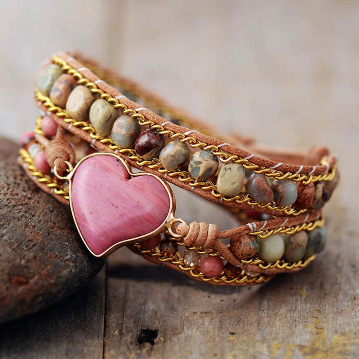 Crystal Bead Bracelet - Pink Heart Centerpiece Triple Layer Luxury Wrap - Patelcreations