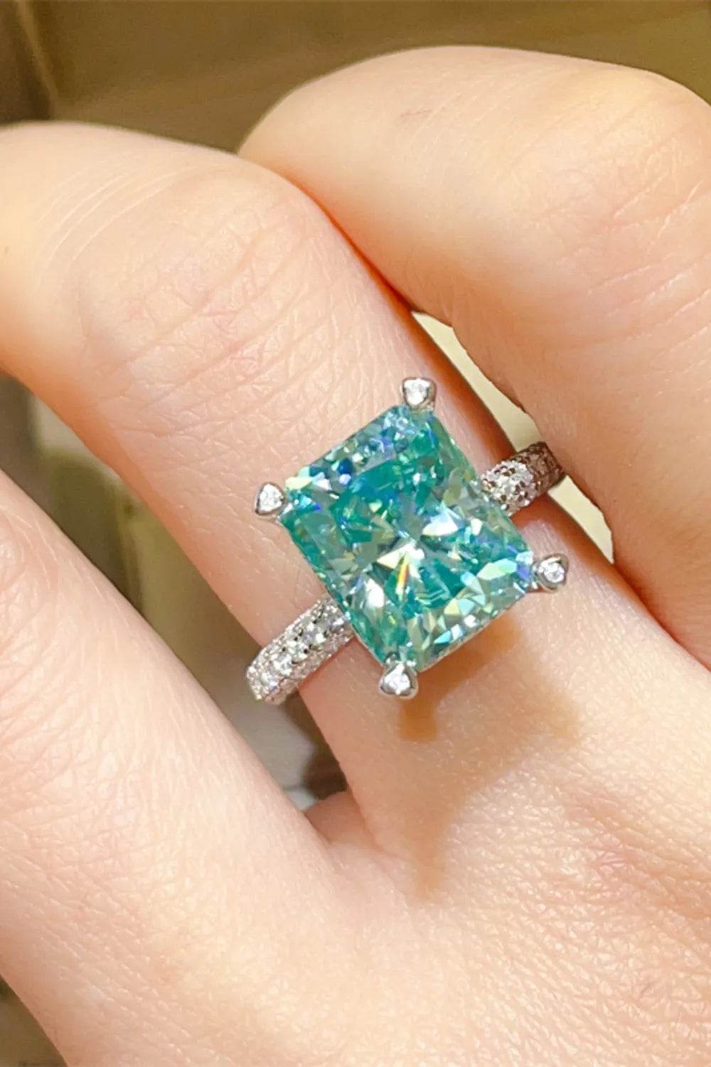 5 Carat Teal Blue Moissanite Ring - Platinum Plated Radiant Cut with Accents - Patelcreations