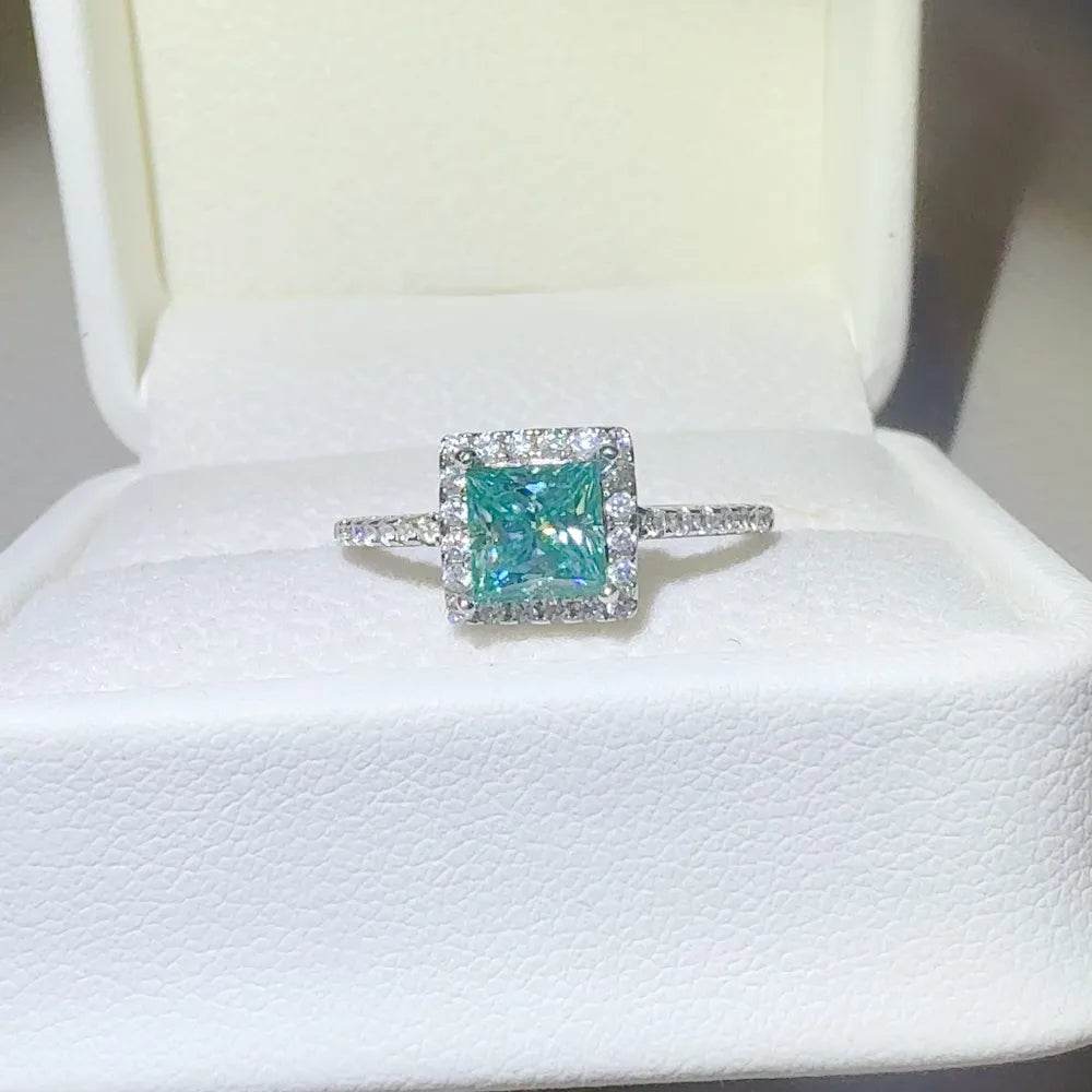 2 Carat Teal Green Moissanite Ring - Sterling Silver Princess Cut Halo - Patelcreations
