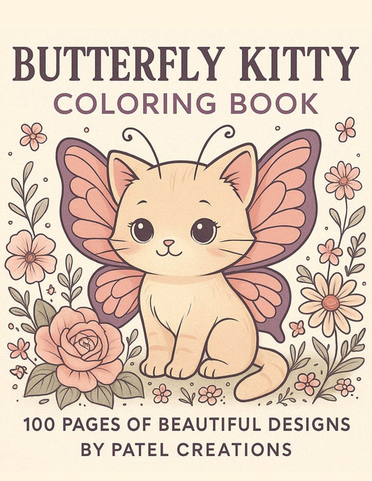 Butterfly Kitty Coloring Book - 100 Pages of Beautiful Designs - Digital Download - Patelcreations