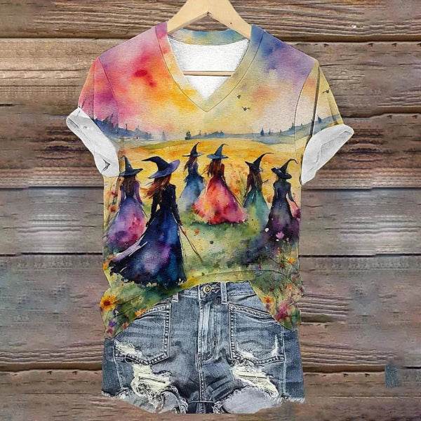 Watercolor Witch Sisters T-Shirt - Artistic Halloween Witchy Vibes Tee - Mystical Forest Coven Shirt - Women's V-Neck Witch Aesthetic Top - Patelcreations