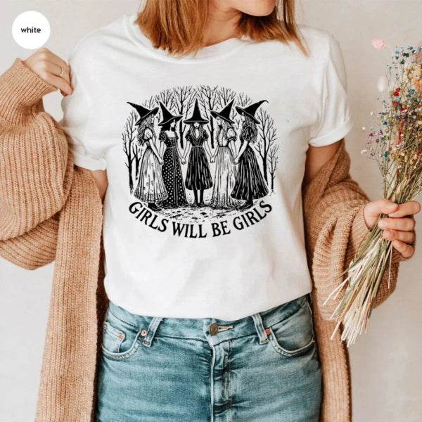 🎃 Vintage Halloween Witch Shirt - Girls Will Be Girls Feminist Tee, Funny Witchy Vibes Shirt, Halloween Women's Shirt, Gift for Her - Patelcreations